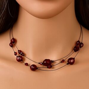 Multi Strand Red Beads Necklace Gunmetal Wire Illusion Design Statement Jewelry